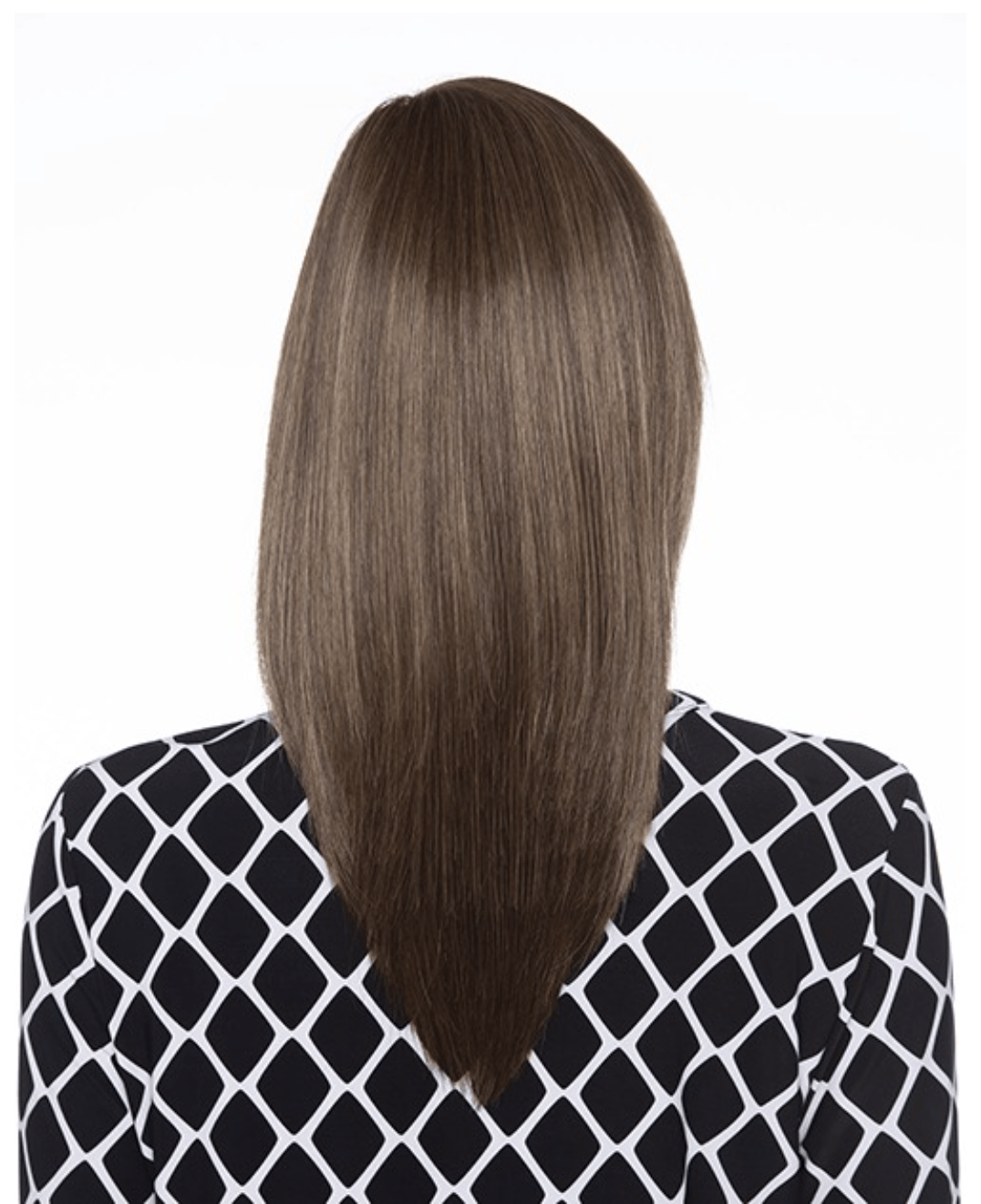 ava, long hair wigs, long straight medium brown hair below the shoulder, back view
