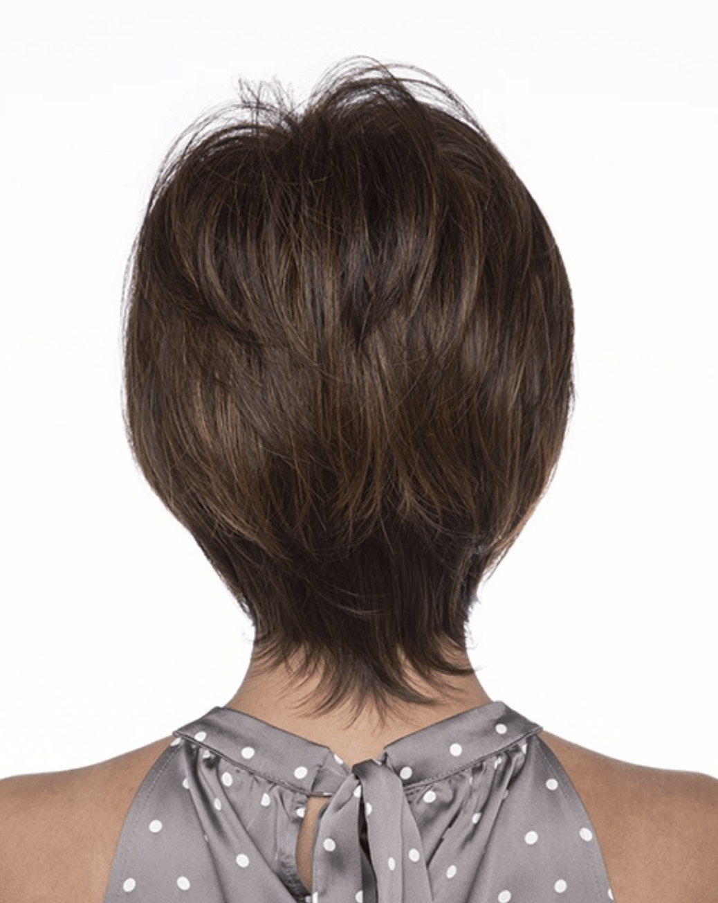 whitney, adult wig, human hair wig, sleek short dark brown hair to beneath the chin, back view
