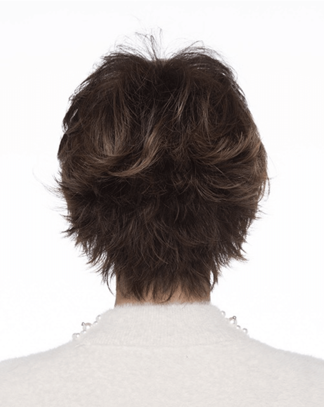 flame, adult wig, short and messy brown haired wig, back view