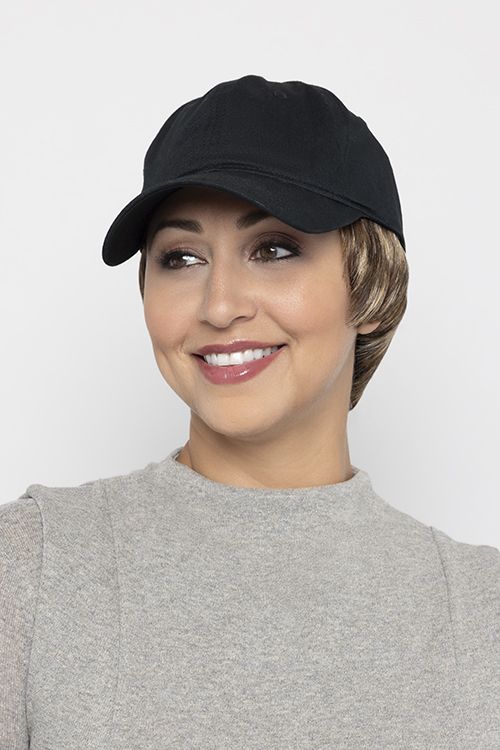 black denim baseball hat with tapered brown human hair