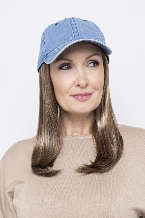 human hair wig, denim baseball hat with long straight light brown hair