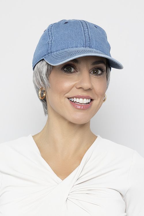 denim baseball hat human hair wig with short silver hair that covers the ears
